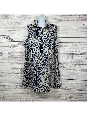 Dennis Basso Blue Animal Print Button Sleeveless Tunic Dress